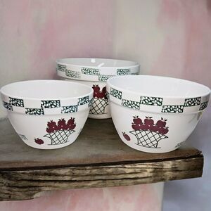 3 Nesting Mixing Bowls Stoneware Apple Basket Sponge Paint 1 /1.5/2.5 Quart Lot
